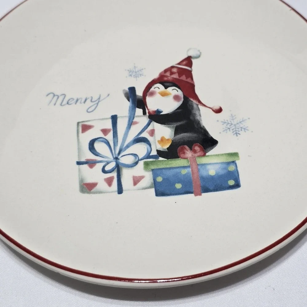 Pier 1 Christmas Appetizer Plates Set 4 Cream Santa Reindeer Snowman 6.25in